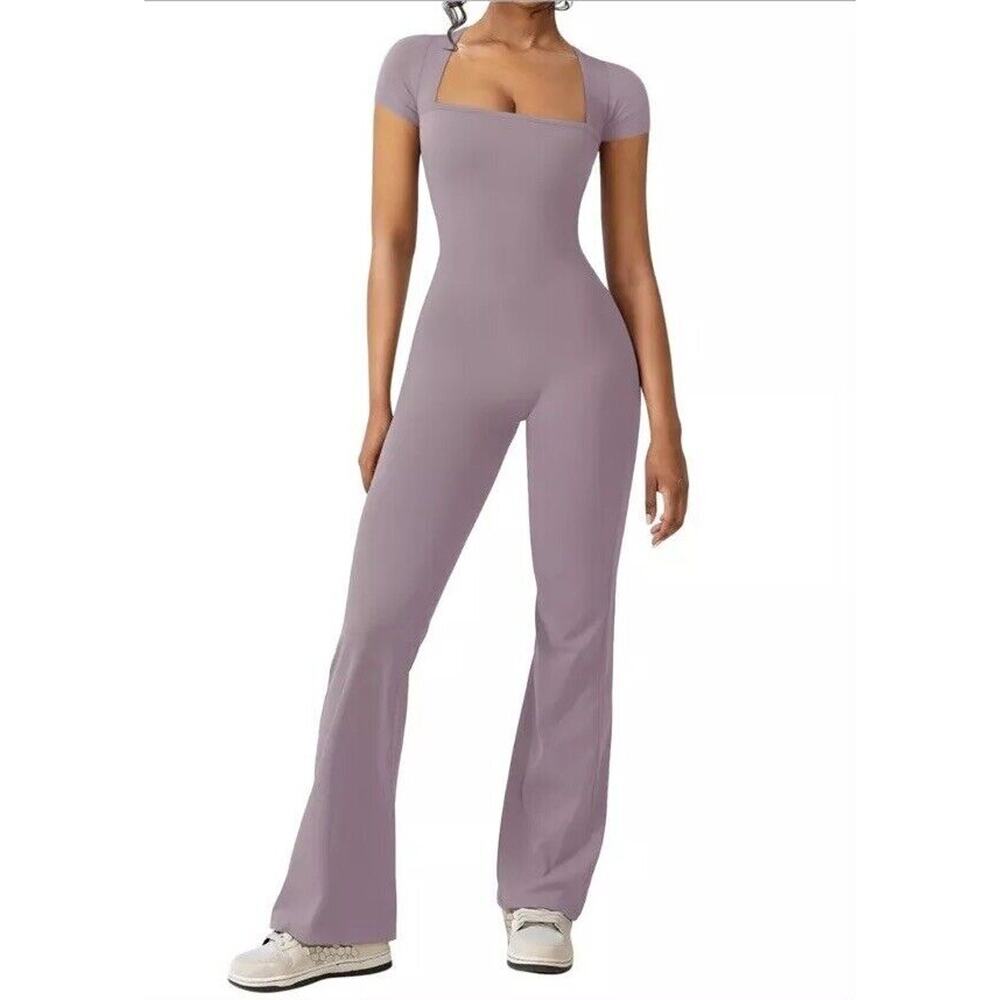 REORIA Womens Square Neck Short Sleeve Bodycon Jumpsuit 1-Piece Flare Lilac Med